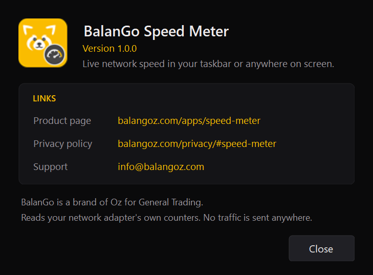 About BalanGo Speed Meter window, with the product page, privacy policy and support links